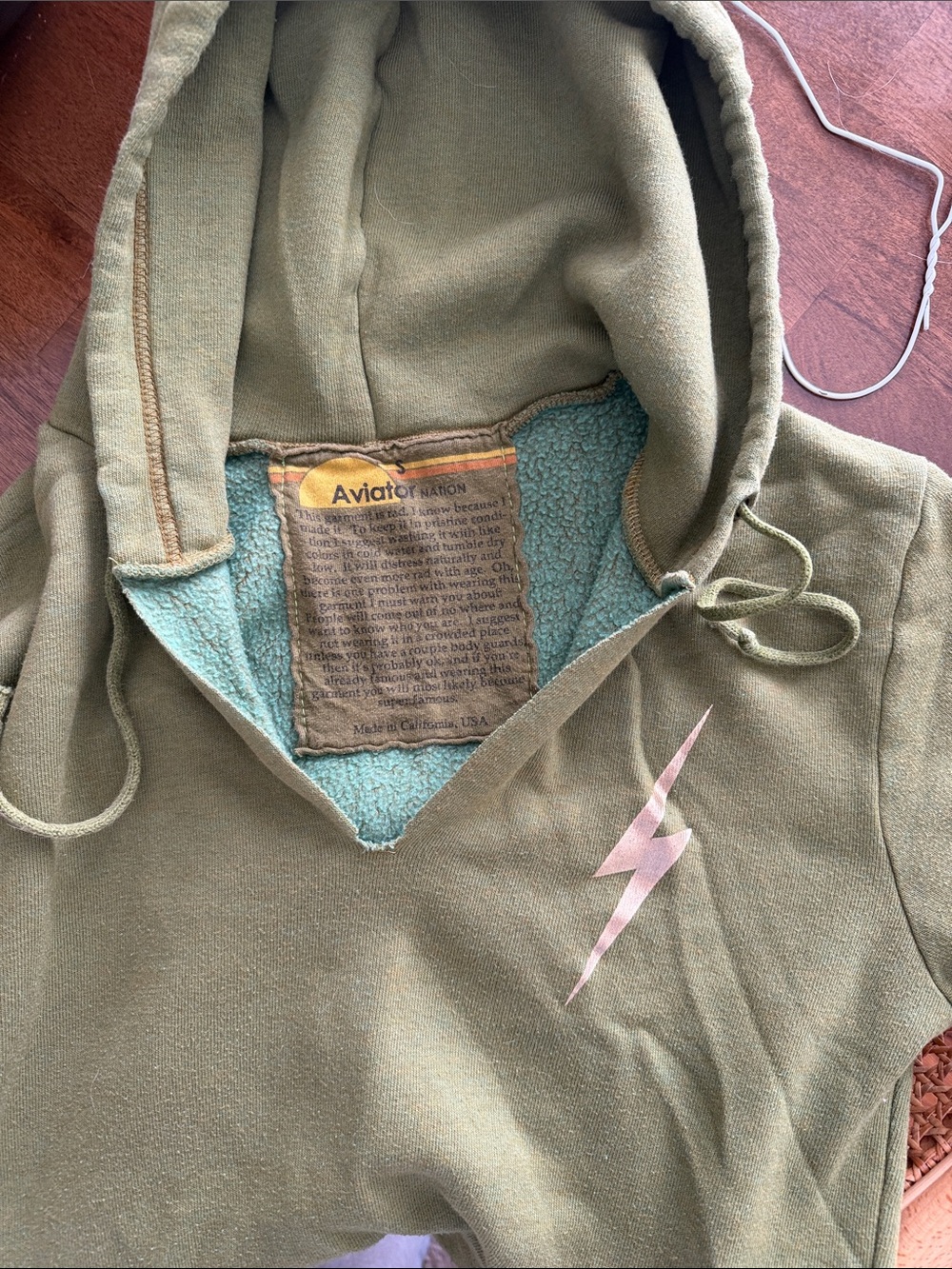 Aviator Nation Olive Green Hoodie with Pink Lightning Bolt